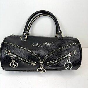 Vintage Y2K Baby Phat Barrel Bag Purse McBling Logo Charms Black Vegan Leather